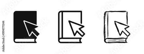 E-learning icon set featuring a book with cursor arrow in glyph, outline and sketch versions.