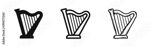 Harp musical instrument icon set in three styles including solid glyph, linear outline and hand drawn sketch.