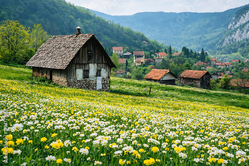 Authentic old wooden cottages on a green hill with wild white and yellow flowers in a traditional Bosnian village