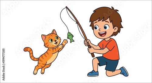 A young boy cheerfully fishes for a curious orange tabby cat