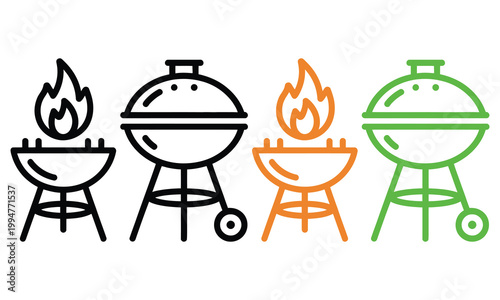 Four stylized illustrations of barbecue grills with different designs and colors