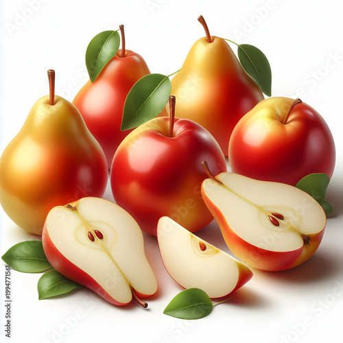 Ripe pears with green leaf and cross section of pear with seeds isolated on white background.