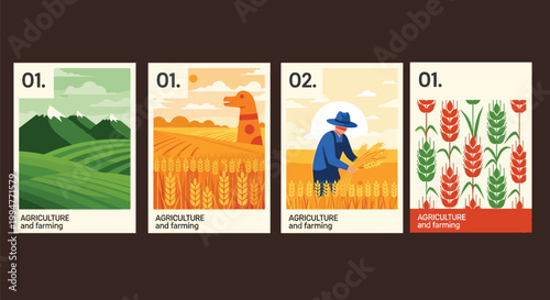 Agriculture posters, farming landscapes, wheat field, tractor illustration, harvesting worker, crop cultivation, farmland design, agricultural produce, flat vector illustration
