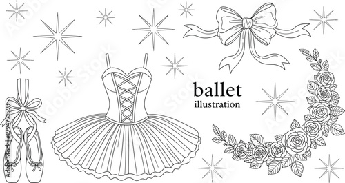Ballet illustration, tutu dress, pointe shoes, decorative bow, roses floral border, sparkles, elegant dance art, performance theme, flat vector illustration