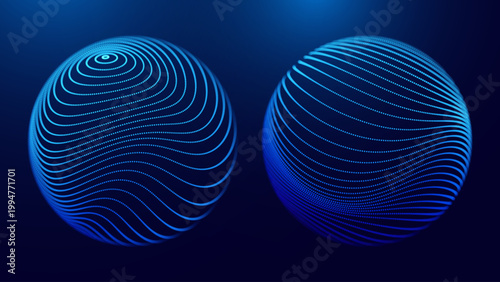 Blue Tech Lines Energy Orb. 3D Sphere Science Globe With Abstract Glowing Lines Representing Microbiology, Cell Research, or Nanotechnology On Dark Blue Background. Vector Illustration.