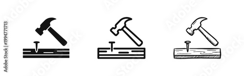 Carpentry icon set showing hammer hitting a nail into wood in glyph, outline and sketch styles.