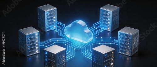 Futuristic cloud computing network with connected server nodes and digital data flow architecture, idea for cloud storage, distributed system, enterprise IT infrastructure concept