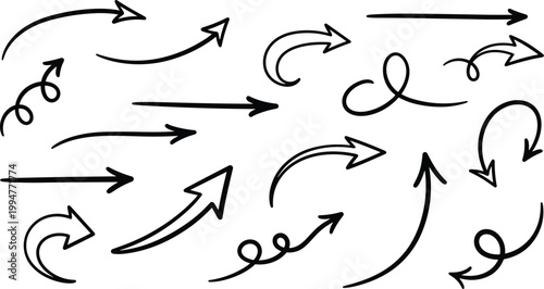 Hand drawn arrows, curved arrows, spiral arrows, directional indicators, sketch style, movement flow, diagram design, flat vector illustration