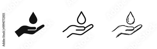Water conservation icon set showing hand with water drop in glyph, outline and hand drawn styles.