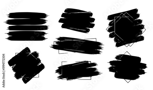 Modern black paint brush banners with gold outline frames abstract grunge vector design set