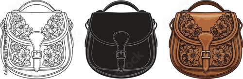 Collection of vintage floral embossed leather handbags saddle bag style with buckle closure isolated on white background