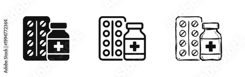 Slika na platnu Medicine icon set featuring pills blister pack and medicine bottle in glyph, outline and sketch styles