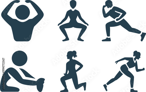 Physical activity and fitness training icon set showing human figures in various exercise poses including stretching, lunges, and cardio movements in a clean vector style