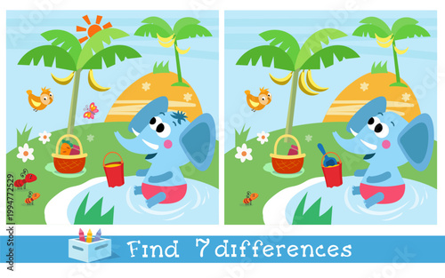 Find seven differences educational game for kids with cute elephant on beach. Two similar vector pictures show baby animal playing in water under tropical palm trees. Fun logical puzzle helps children