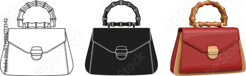 Collection of handbag designs including a sketch black and red leather styles with bamboo handles isolated on white