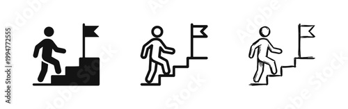 Achievement icon set showing person climbing stairs to a flag in glyph, outline and sketch styles.