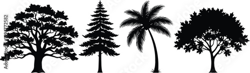 Four black and white tree silhouettes set