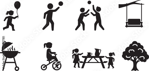 Set of black silhouette icons depicting children playing outdoors with recreational objects isolated on transparent background