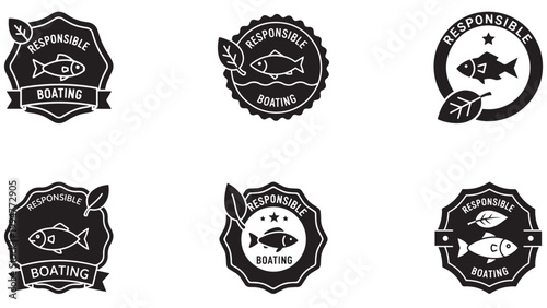 Set Of Responsible Boating Badge Emblems With Fish And Leaf Eco Conservation Icons