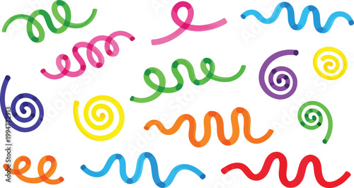 Colorful hand drawn brush stroke swirls and squiggles set with playful abstract curves and spiral elements