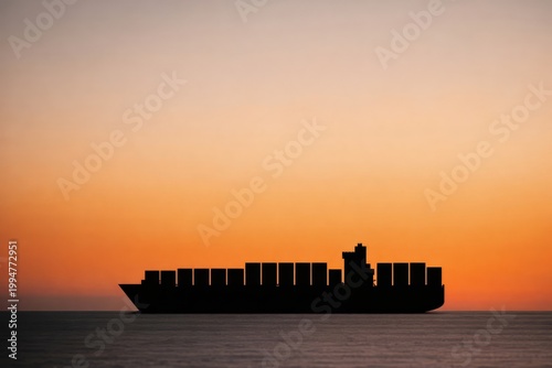 Peaceful Maritime View. Tranquil Maritime Horizon Featuring Freight Vessel Against Vibrant Sunset Backdrop