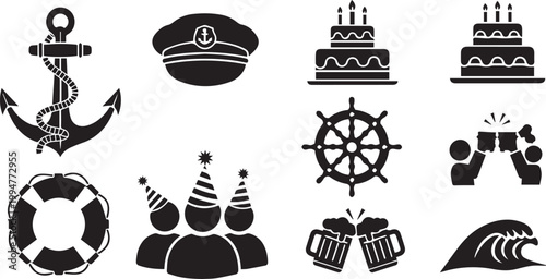Black vector nautical and party icons set including anchor, captain hat, cake, lifebuoy, isolated on transparent background