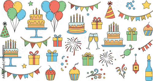 Colorful birthday party doodle icons set with cake balloons gifts bunting fireworks cupcakes and celebration elements
