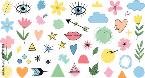 Colorful hand drawn doodle icons set with flowers hearts abstract shapes eyes clouds and playful decorative elements