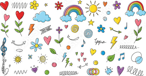 Colorful hand drawn doodle icons with rainbow hearts flowers clouds music symbols and playful abstract elements set
