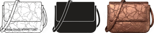 Collection of three handbag illustrations including a sketch a solid black version and a textured bronze design isolated on white