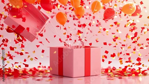 Red gift box with orange balloons and gold confetti
