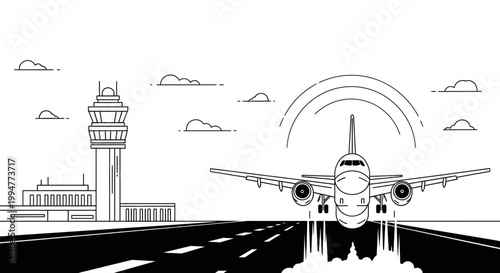 Vector illustration of a passenger plane flying over a city skyline silhouette featuring London landmarks like Big Ben and historic European architecture