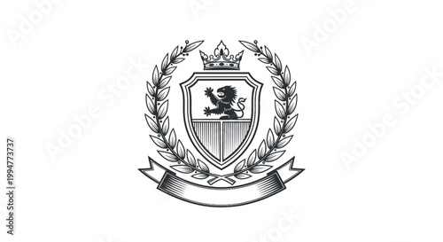 A vintage royal heraldic coat of arms featuring a gold shield and crown emblem with a lion crest and decorative ribbon banner in a vector illustration design