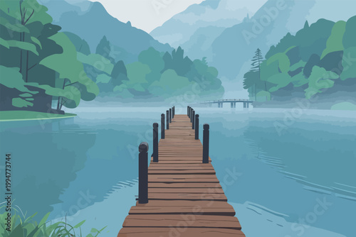 Serene Wooden Pier Over Calm Lake with Mountains