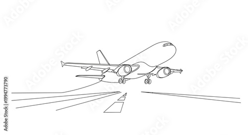 Airplane taking off from runway, line art, minimalist, travel concept
