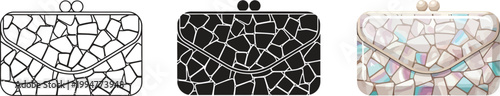 Collection of clutch bags with mosaic pattern elegant evening purses in black and white vector illustration for fashion design
