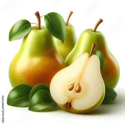Pear isolated. Green pear on white background. Pear with clipping path. Set of pears.