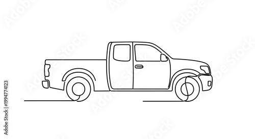 Continuous line drawing of a pickup truck, side view, minimalist illustration on white background
