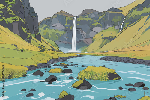 Scenic Waterfall in Mountainous Landscape