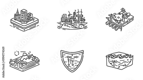 Cityscape Line Art Illustration Set: A diverse collection of modern cityscape, harbor, mountain, shield and landscape illustrations, ideal for representing urban planning, infrastructure.
