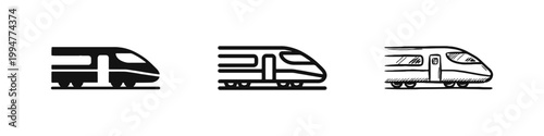High speed train icon set in solid outline and hand drawn styles