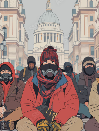 Protestors with Gas Masks in Urban Setting