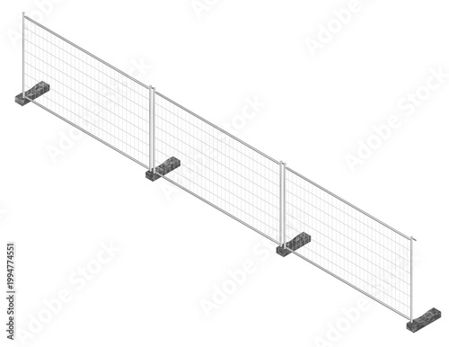 right isometric view of a 3d rendered temporary metal fence. features steel wire mesh, strong frame, and heavy concrete feet. ideal for construction site security and industrial visualization.
