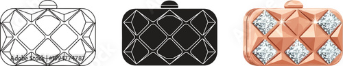 Collection of elegant clutch bags geometric patterned evening purses in metallic rose gold black and outline styles isolated on white