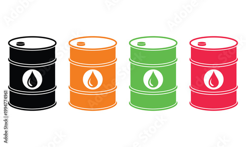 Four barrels representing different types of energy sources with distinct symbols