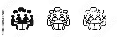 Team meeting and discussion icons with people and speech bubbles in three styles