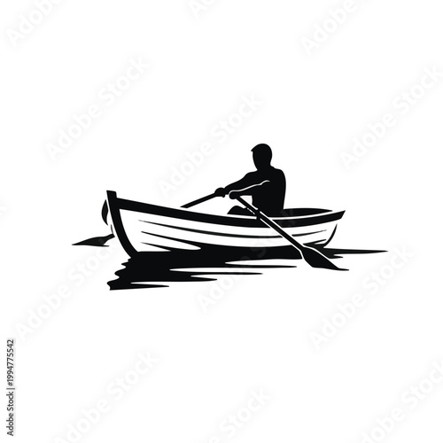 Silhouette of a person rowing a wooden boat with oars. Outdoor recreation concept. Flat vector illustration isolated on transparent background