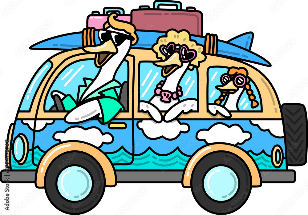 Fototapeta premium Summer Family of Geese on a Road Trip Adventure Illustration