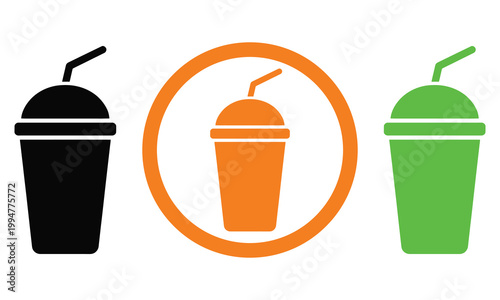 Three stylized drink cups with different colors and lids