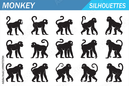 Wildlife monkey silhouettes collection for zoo safari jungle and mascot design use